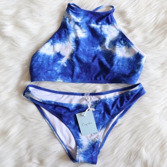NEW Blue Tie Dye Halter Top Bikini Bathing Suit Set Size Small Beach Pool - Picture 1 of 7